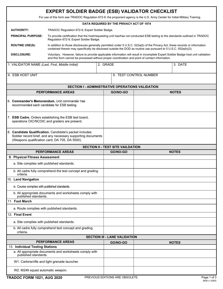 TRADOC Form 1021 Expert Soldier Badge (Esb) Validator Checklist, Page 1