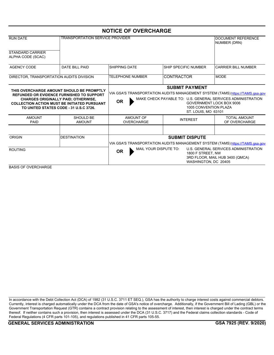 GSA Form 7925 Notice of Overcharge, Page 1