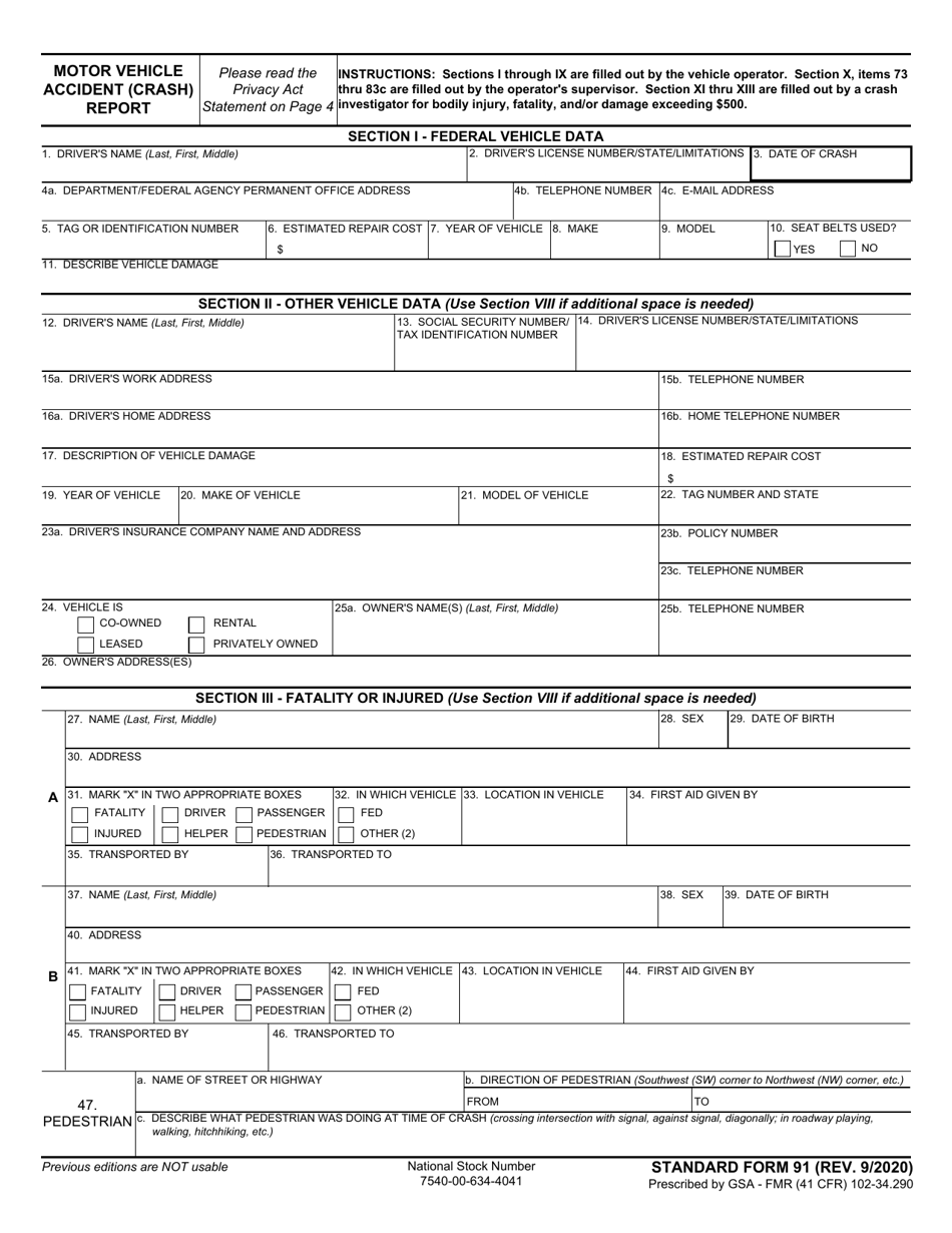 Form SF-91 Motor Vehicle Accident (Crash) Report, Page 1