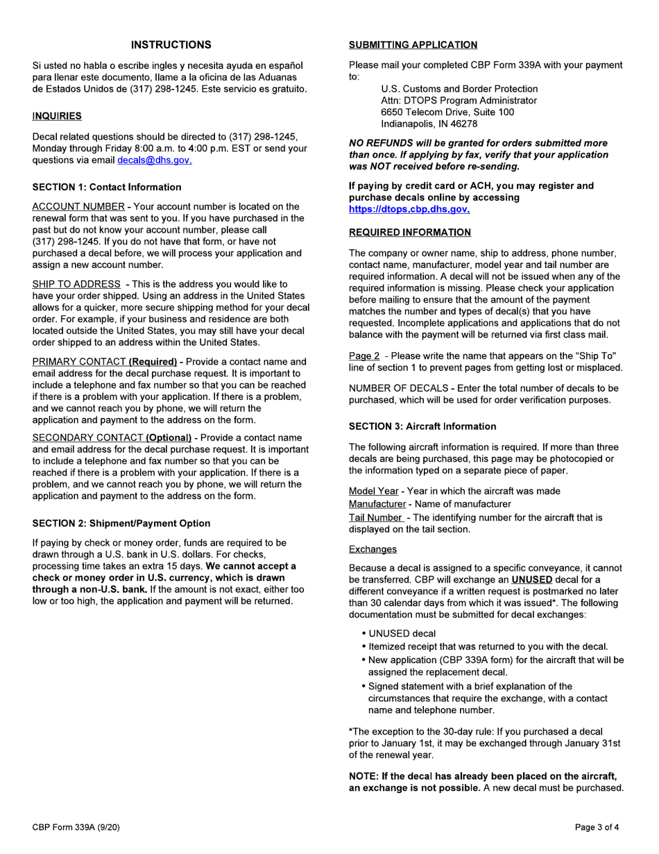 CBP Form 339A Annual User Fee Decal Request - Aircraft, Page 3