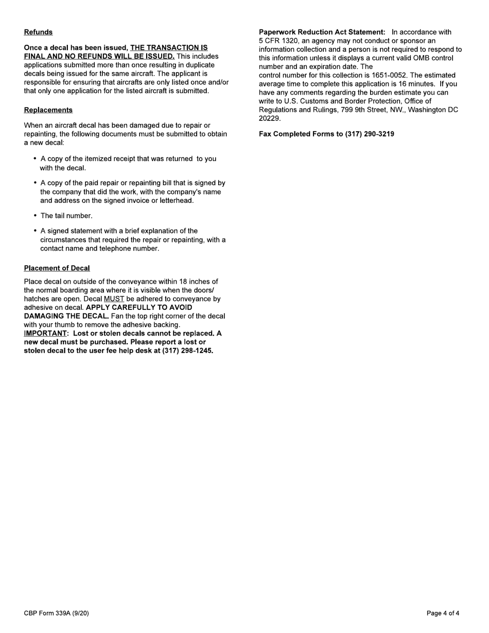 CBP Form 339A Annual User Fee Decal Request - Aircraft, Page 4