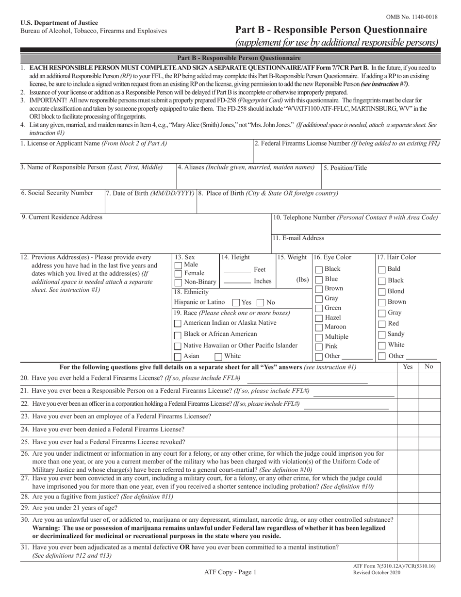 ATF Form 7 / 7CR (5310.12A / 5310.16) Part B Responsible Person Questionnaire, Page 1
