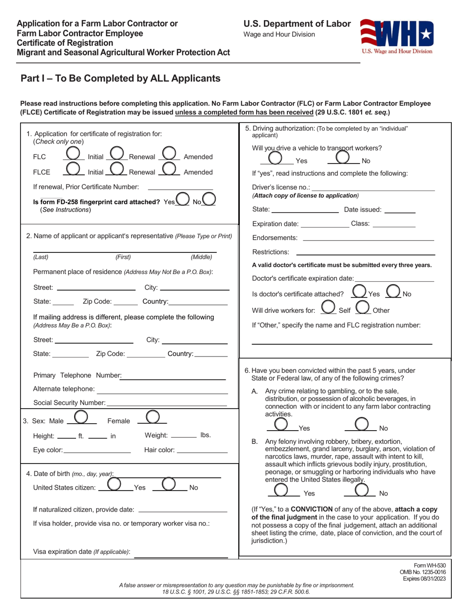 Form WH-530 Application for a Farm Labor Contractor or Farm Labor Contractor Employee Certificate of Registration, Page 1