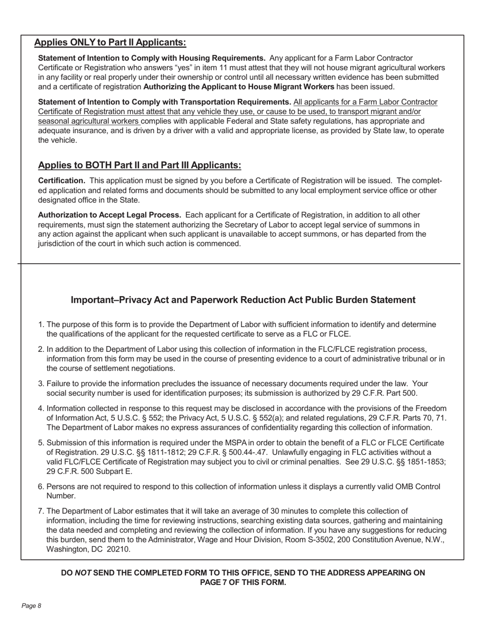 Form WH-530 Application for a Farm Labor Contractor or Farm Labor Contractor Employee Certificate of Registration, Page 8