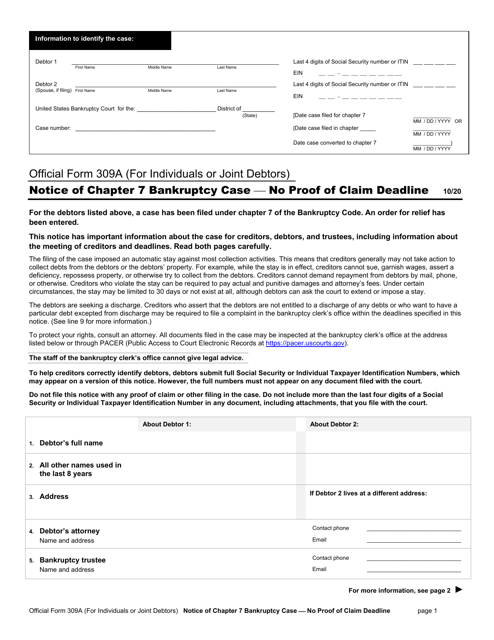 Official Form 309A Notice of Chapter 7 Bankruptcy Case - No Proof of Claim Deadline (For Individuals or Joint Debtors)