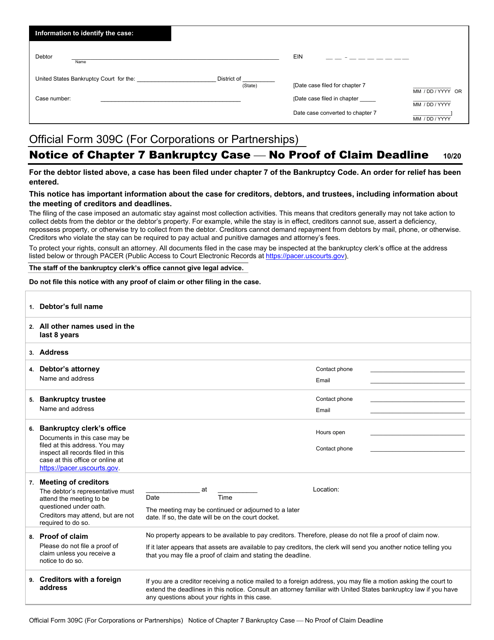 Official Form 309C Notice of Chapter 7 Bankruptcy Case - No Proof of Claim Deadline Set (For Corporations or Partnerships)