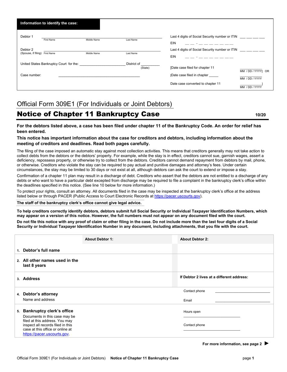 Official Form 309E1 Notice of Chapter 11 Bankruptcy Case (For Individuals or Joint Debtors), Page 1