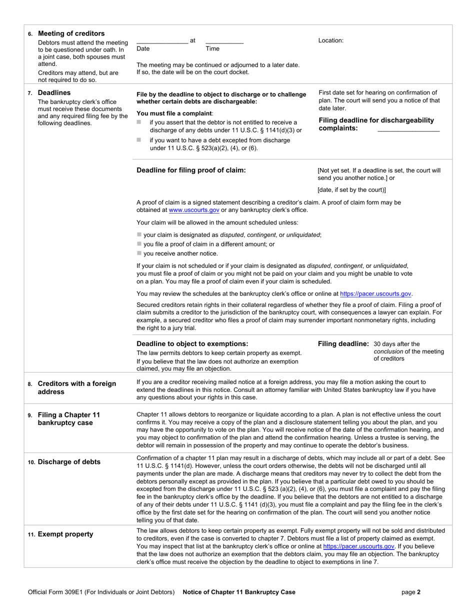 Official Form 309E1 Notice of Chapter 11 Bankruptcy Case (For Individuals or Joint Debtors), Page 2