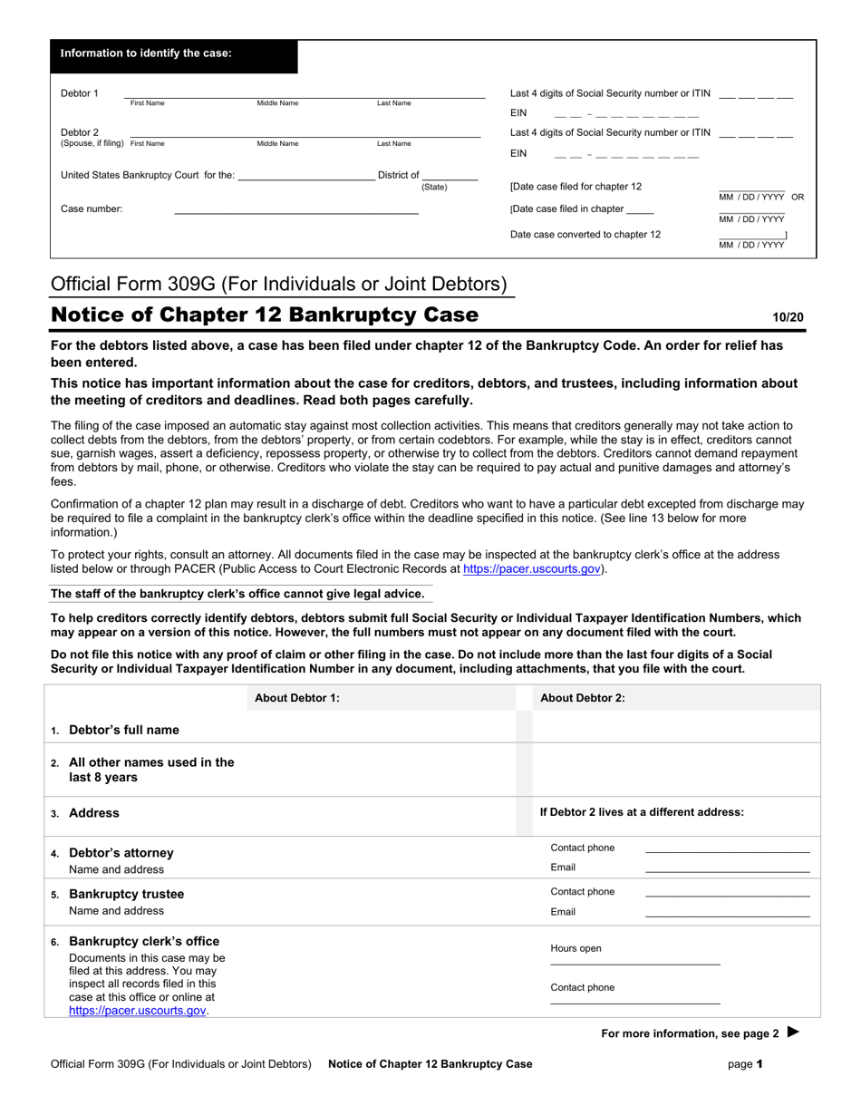Official Form 309G Notice of Chapter 12 Bankruptcy Case (For Individuals or Joint Debtors), Page 1