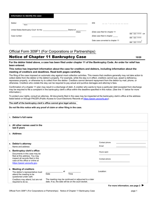 Official Form 309F1 Notice of Chapter 11 Bankruptcy Case (For Corporations or Partnerships)