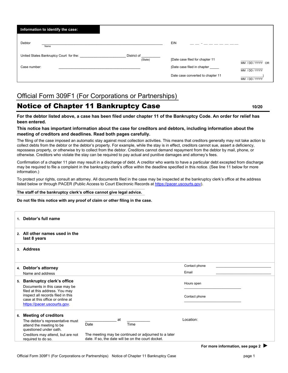 Official Form 309F1 Notice of Chapter 11 Bankruptcy Case (For Corporations or Partnerships), Page 1