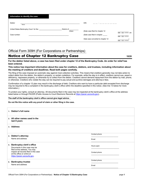 Official Form 309H Notice of Chapter 12 Bankruptcy Case (For Corporations or Partnerships)