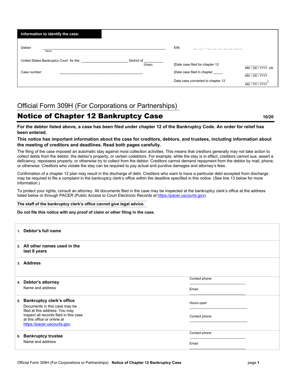 Official Form 309H Notice of Chapter 12 Bankruptcy Case (For Corporations or Partnerships), Page 1