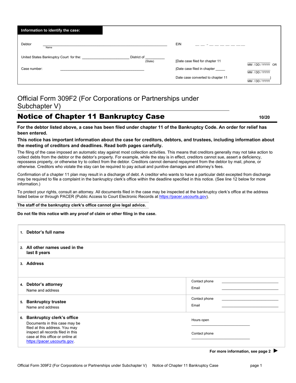 Official Form 309F2 Notice of Chapter 11 Bankruptcy Case (For Individuals or Joint Debtors Under Subchapter V), Page 1