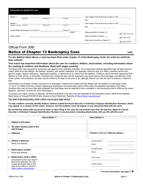 Official Form 309I Notice of Chapter 13 Bankruptcy Case