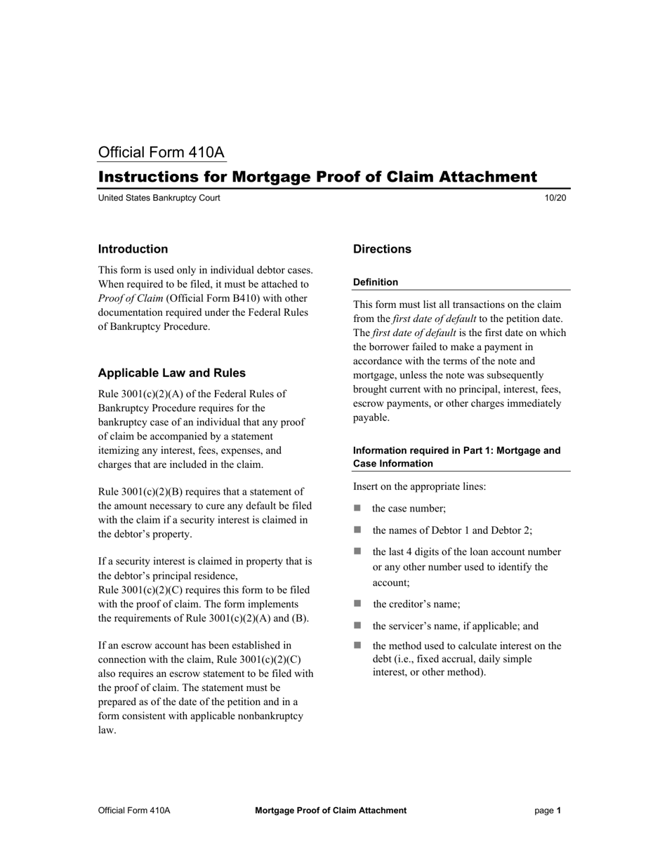 Instructions for Official Form 410A Mortgage Proof of Claim Attachment, Page 1