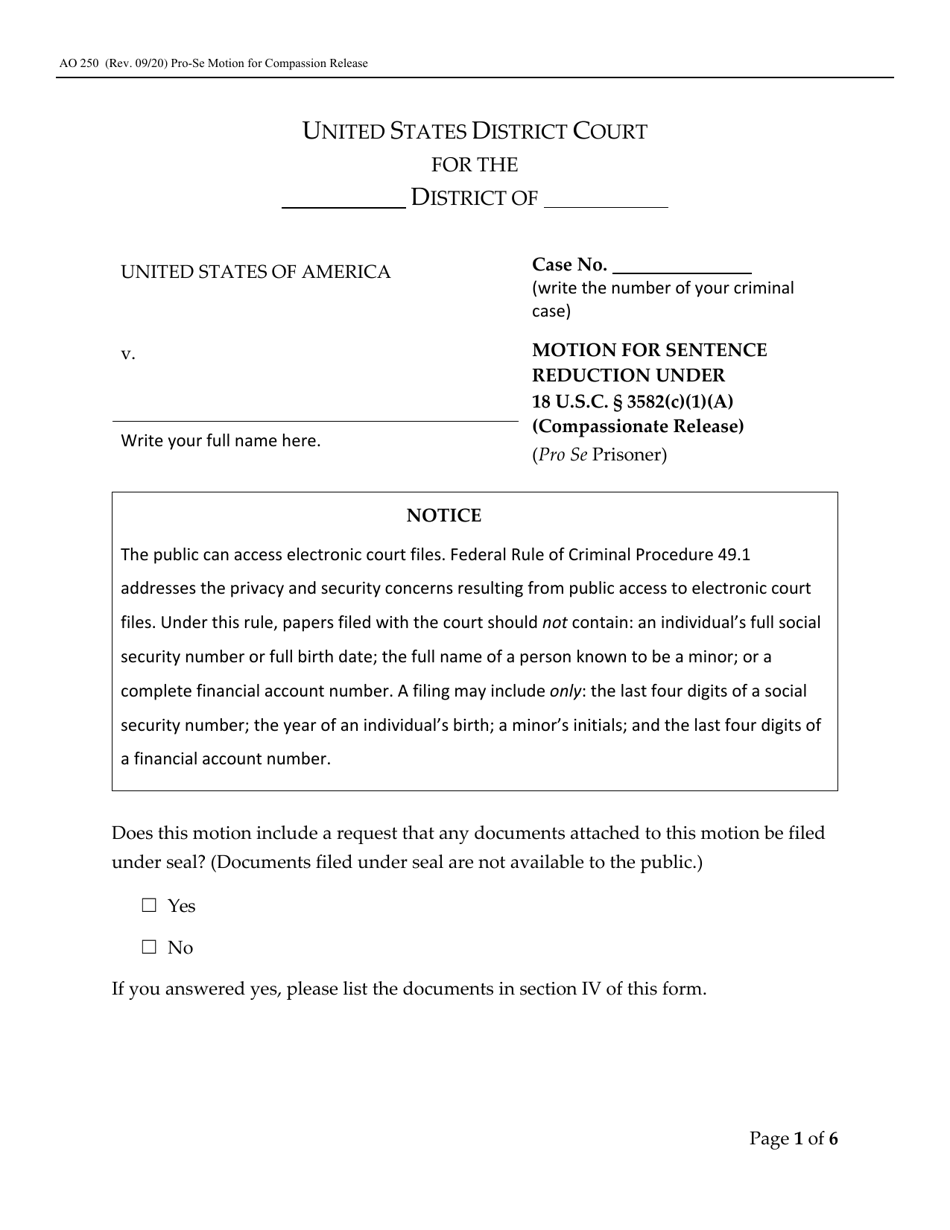 Form AO250 Motion for Sentence Reduction Under 18 U.s.c. Section 3582(C)(1)(A), Page 1