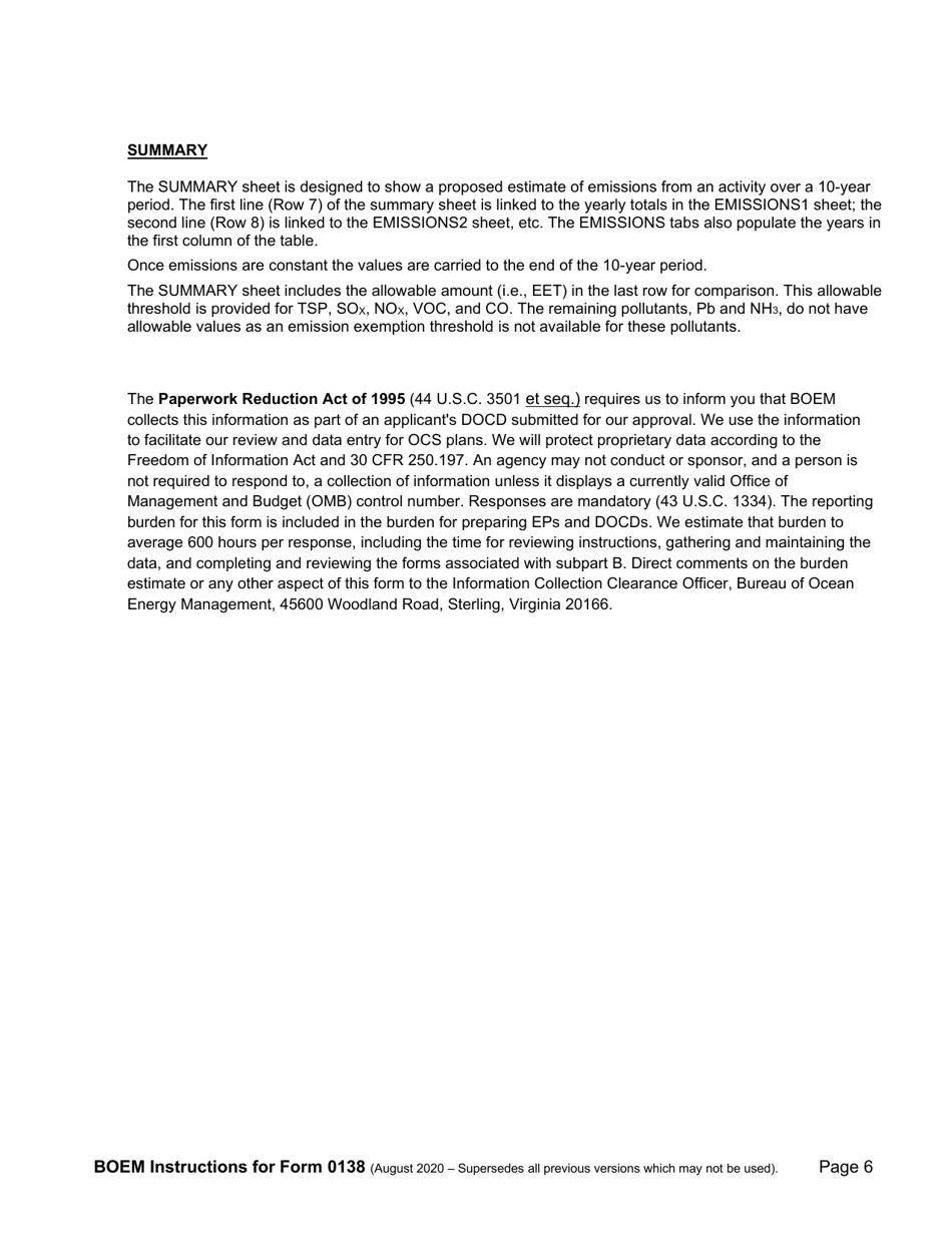 Instructions for Form BOEM-0138 Gulf of Mexico Air Emissions Calculations for Eps, Page 6