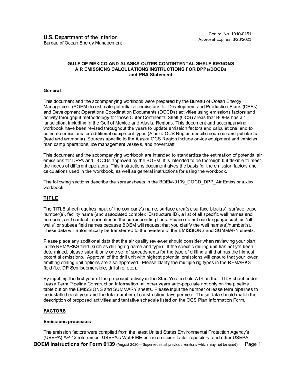 Instructions for Form BOEM-0139 Gulf of Mexico Air Emissions Calculations for Docds, Page 1