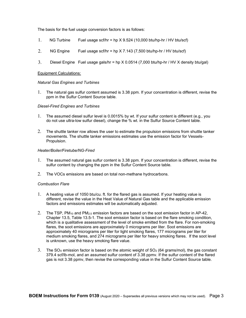 Instructions for Form BOEM-0139 Gulf of Mexico Air Emissions Calculations for Docds, Page 3