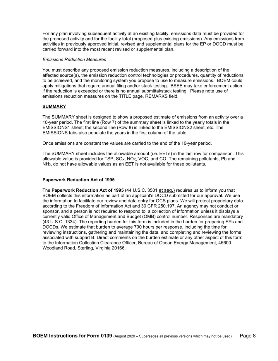 Instructions for Form BOEM-0139 Gulf of Mexico Air Emissions Calculations for Docds, Page 8