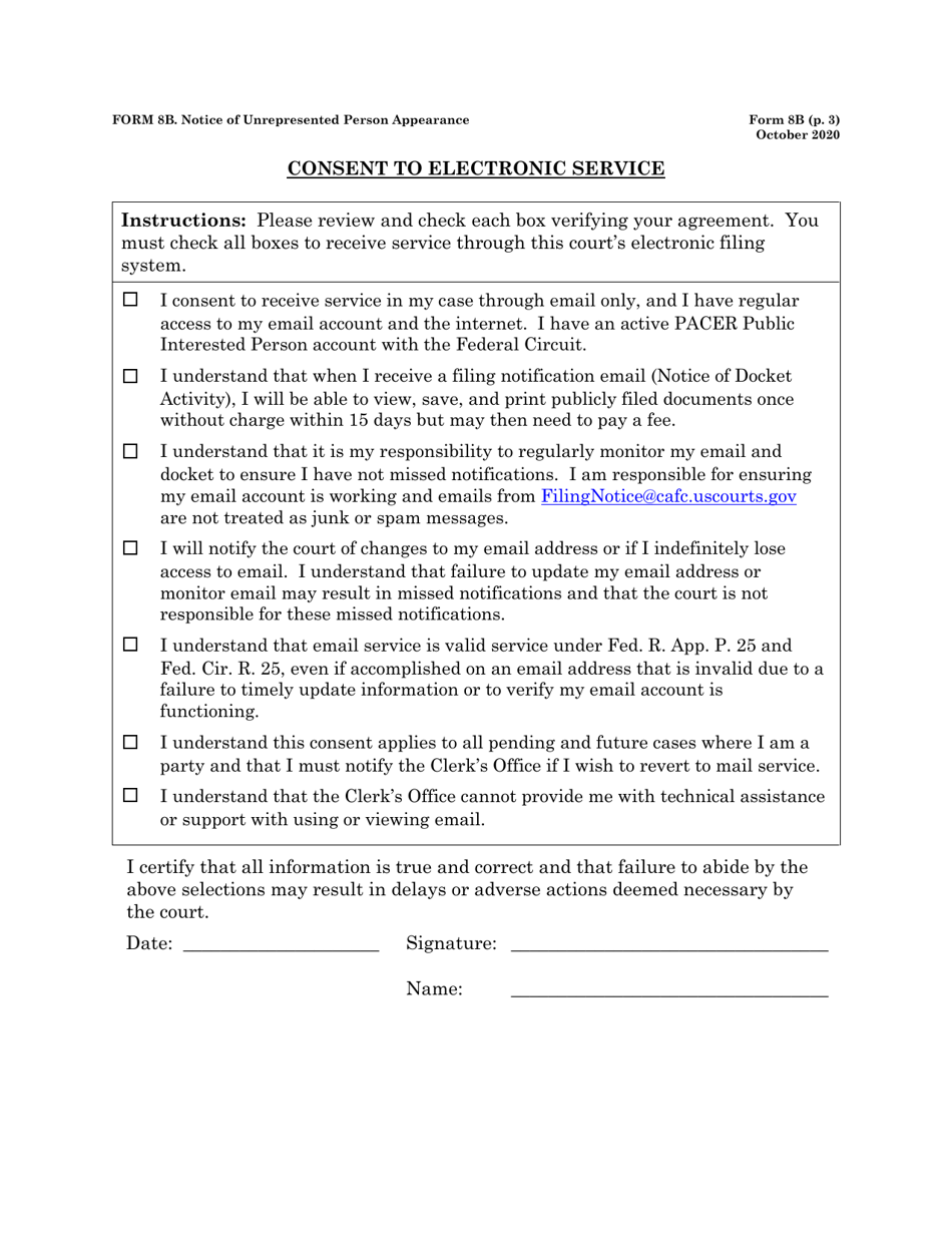 Form 8B Notice of Unrepresented Person Appearance, Page 3