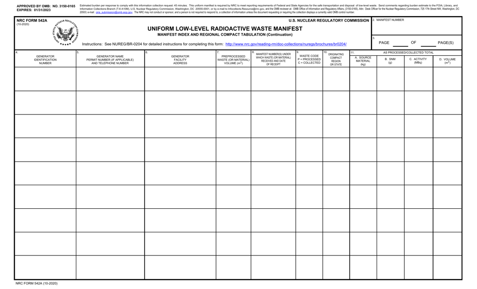 NRC Form 542A Uniform Low-Level Radioactive Waste Manifest - Manifest Index and Regional Compact Tabulation (Continuation), Page 1
