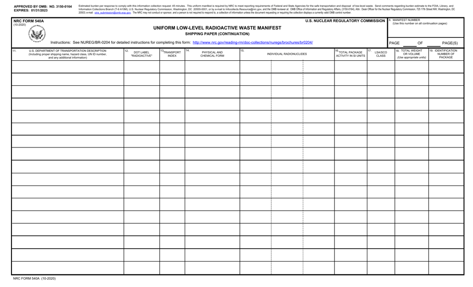 NRC Form 540A Uniform Low-Level Radioactive Waste Manifest - Shipping Paper (Continuation), Page 1