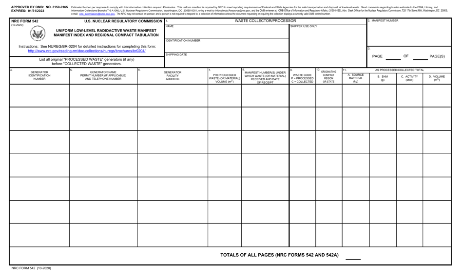 NRC Form 542 Uniform Low-Level Radioactive Waste Manifest - Manifest Index and Regional Compat Tabulation, Page 1