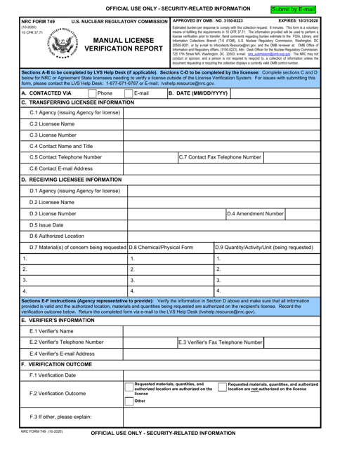 NRC Form 749  Printable Pdf