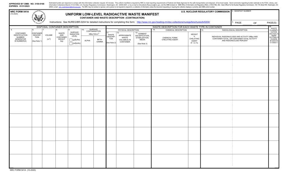 NRC Form 541A Uniform Low-Level Radioactive Waste Manifest - Container and Waste Description (Continuation), Page 1