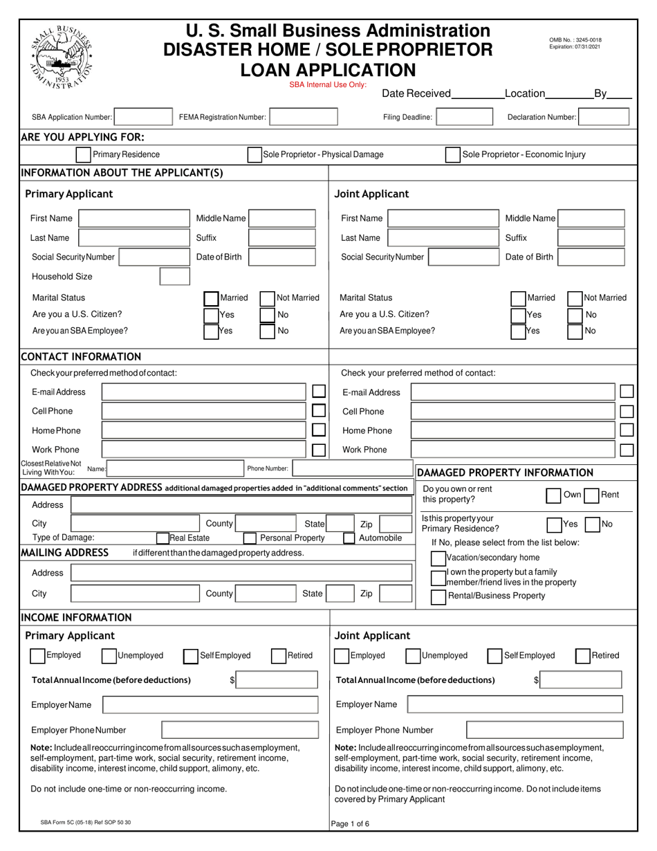 SBA Form 5C Disaster Home / Sole Proprietor Loan Application, Page 1