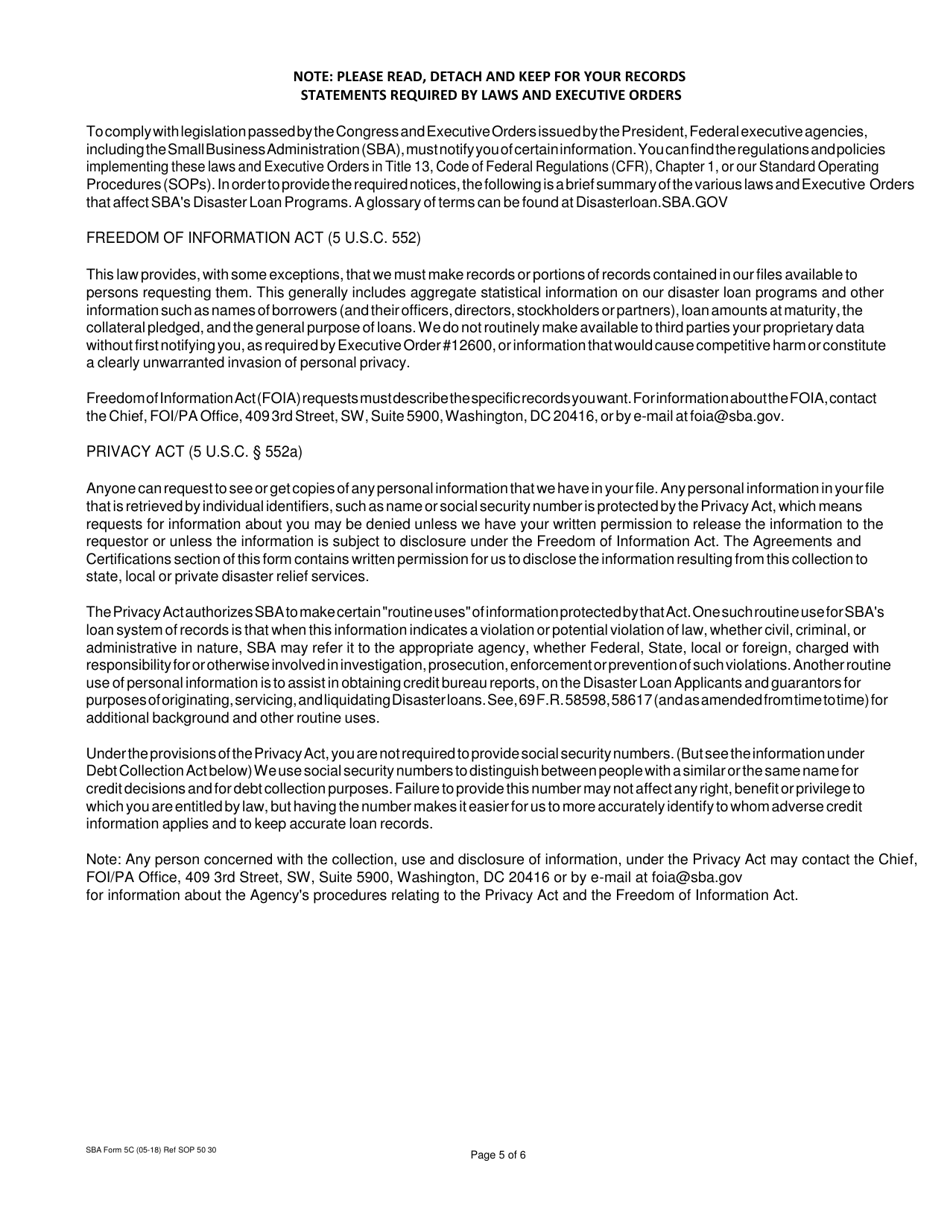 SBA Form 5C Disaster Home / Sole Proprietor Loan Application, Page 5