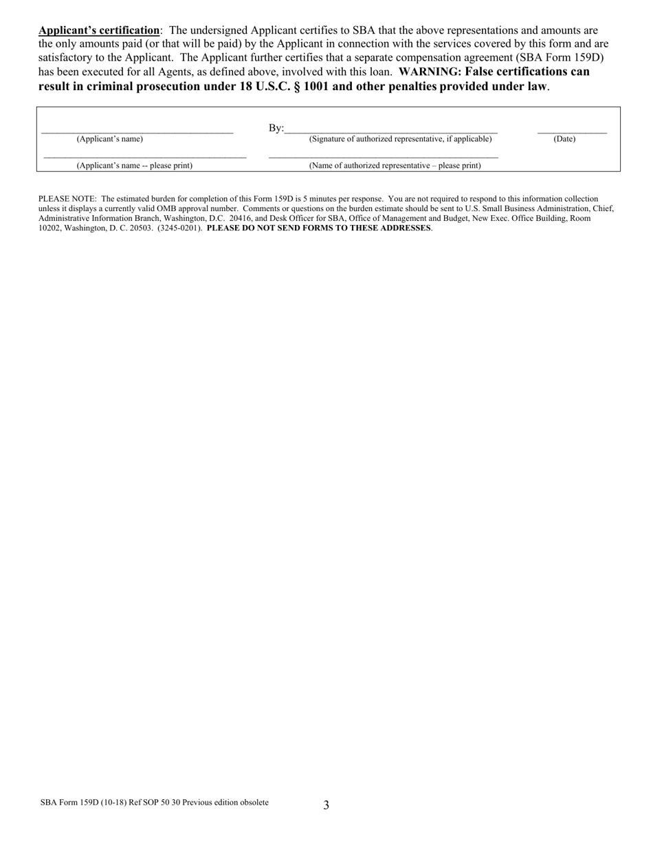 SBA Form 159D Fee Disclosure Form and Compensation Agreement, Page 3