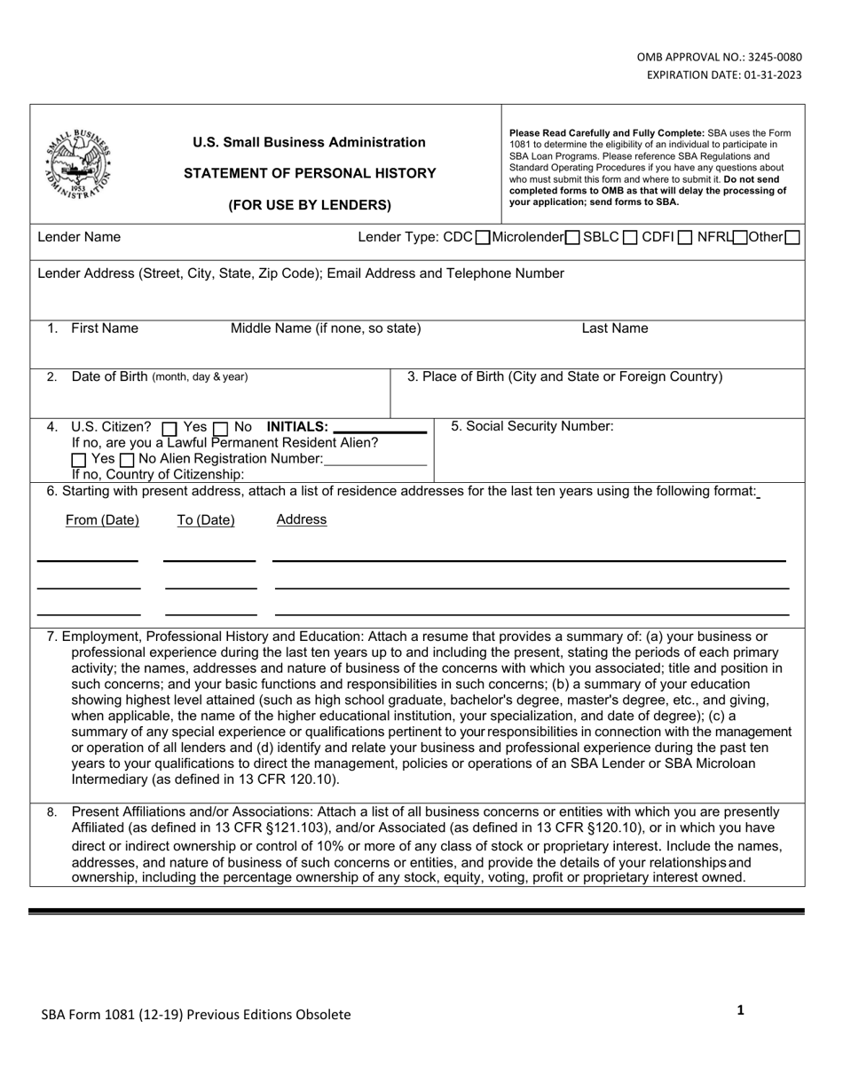 SBA Form 1081 Statement of Personal History, Page 1