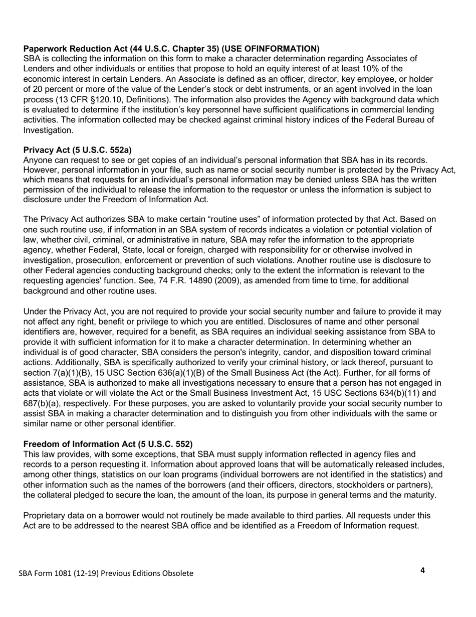 SBA Form 1081 Statement of Personal History, Page 4