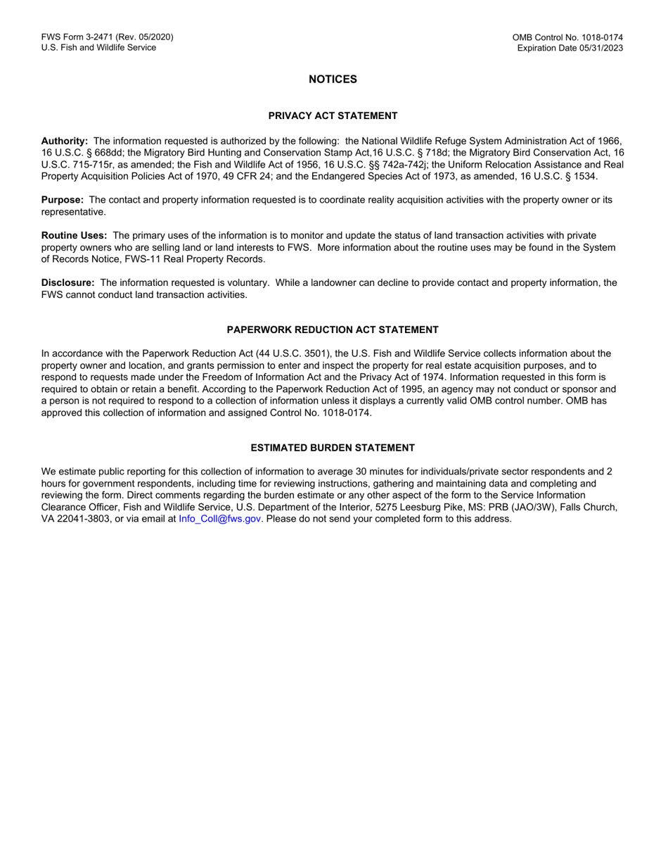 FWS Form 2471 Permission to Inspect and Appraise, Page 2