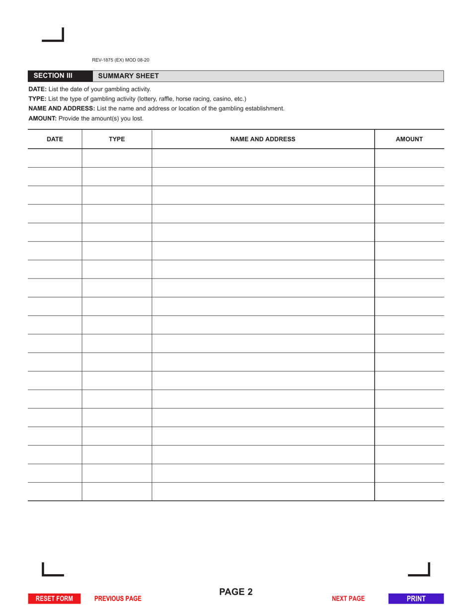 Form REV-1875 Personal Income Tax Verification of Gambling and Lottery Losses Affidavit - Pennsylvania, Page 2