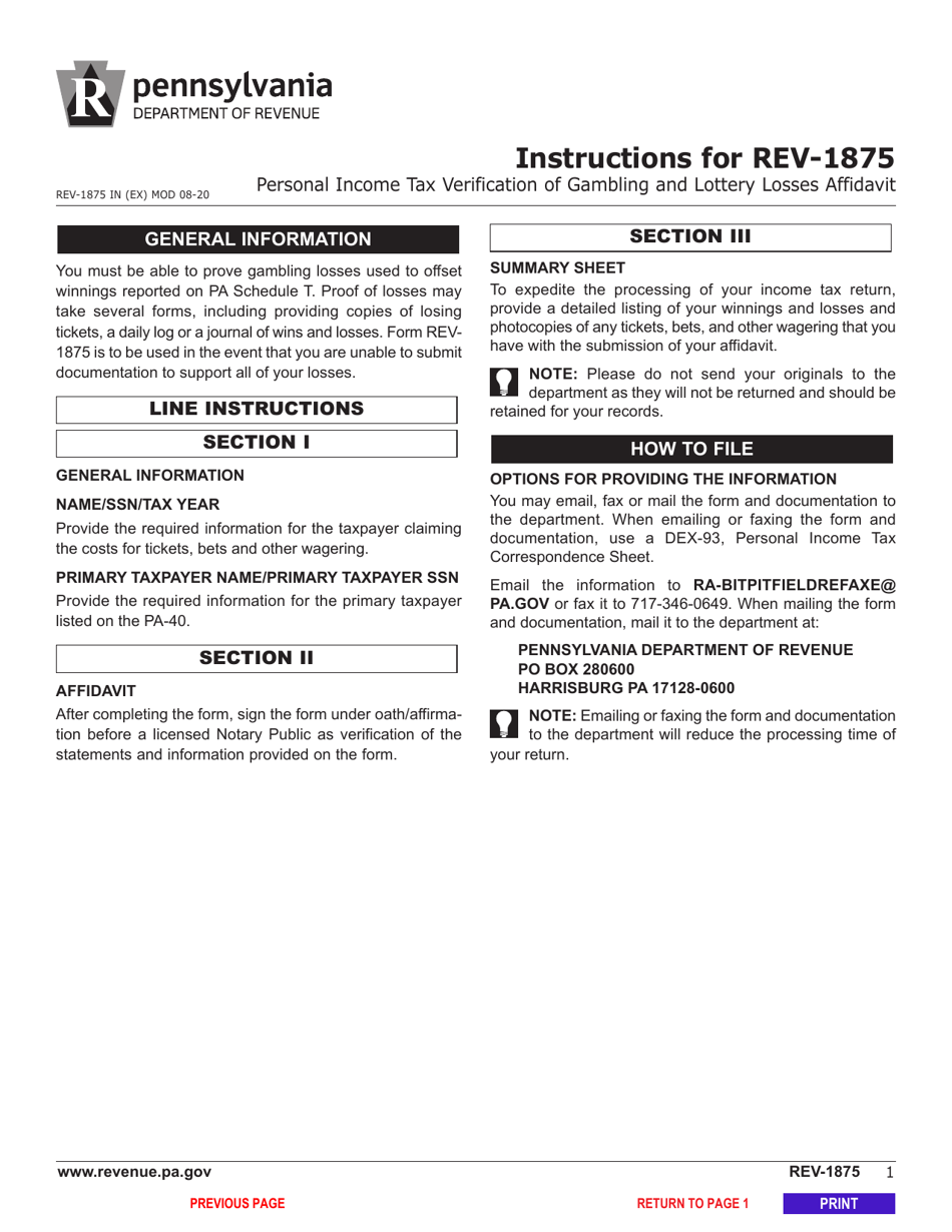 Form REV-1875 Personal Income Tax Verification of Gambling and Lottery Losses Affidavit - Pennsylvania, Page 3