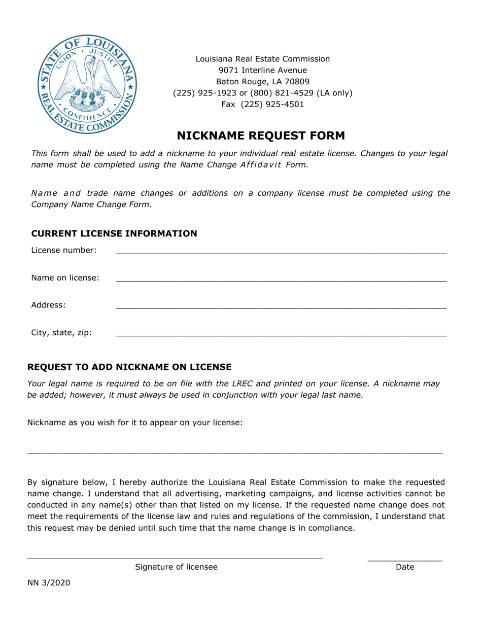 Form NN Nickname Request Form - Louisiana, Page 1