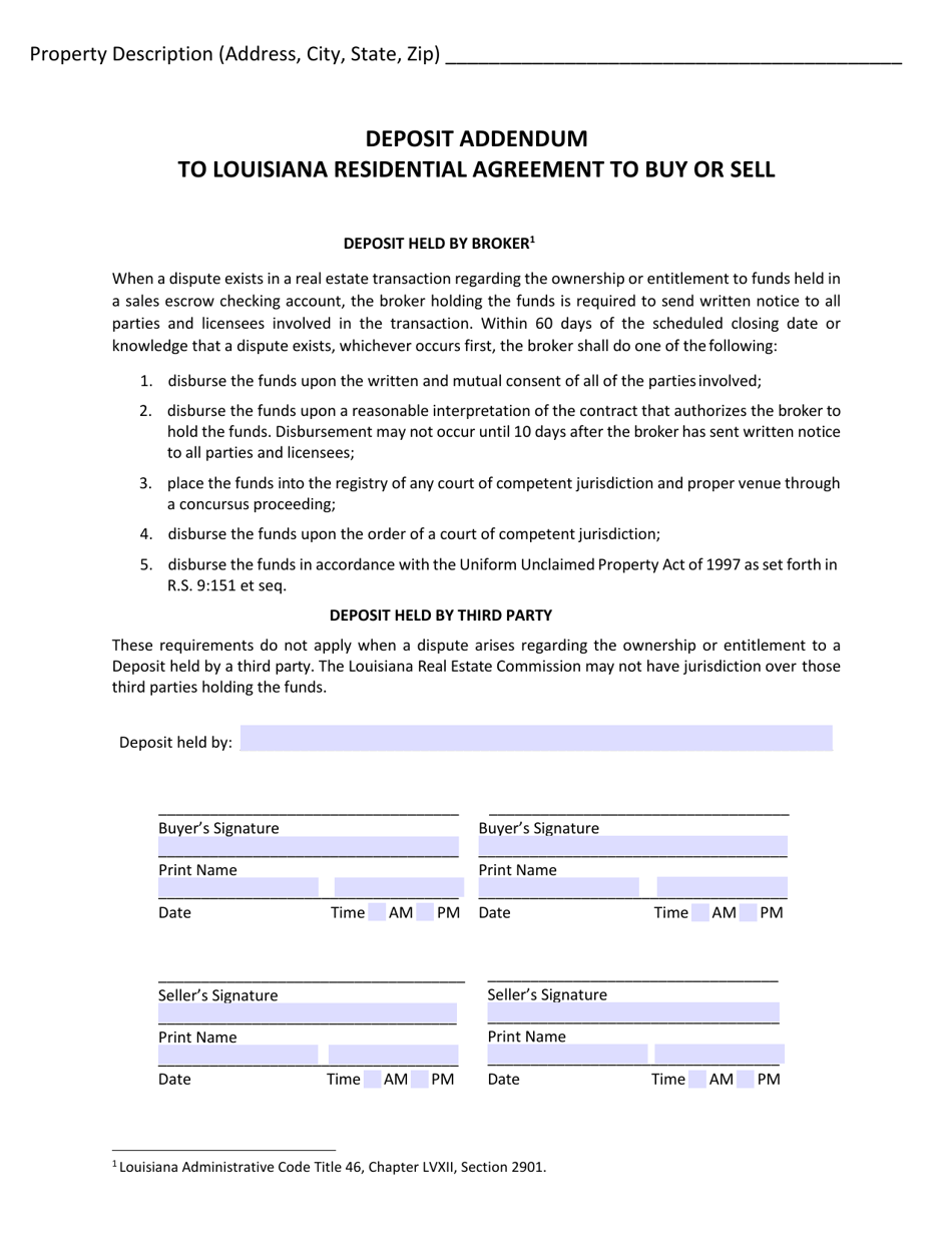 Louisiana Deposit Addendum to Louisiana Residential Agreement to Buy or