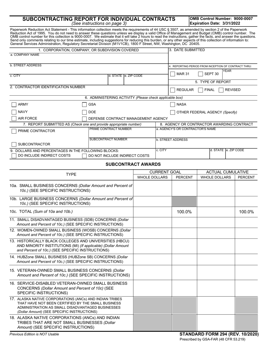 Form SF-294 Subcontracting Report for Individual Contracts, Page 1