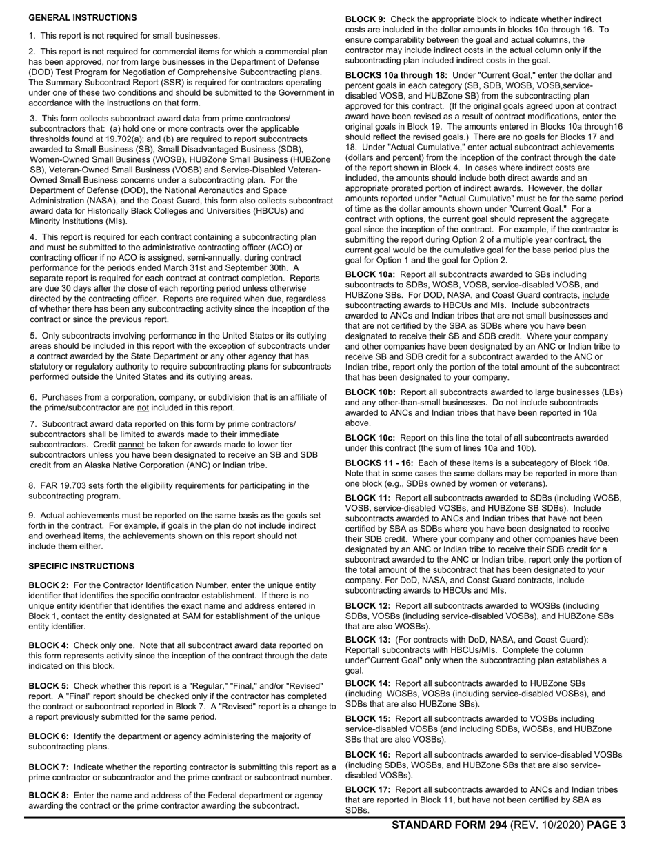 Form SF-294 Subcontracting Report for Individual Contracts, Page 3