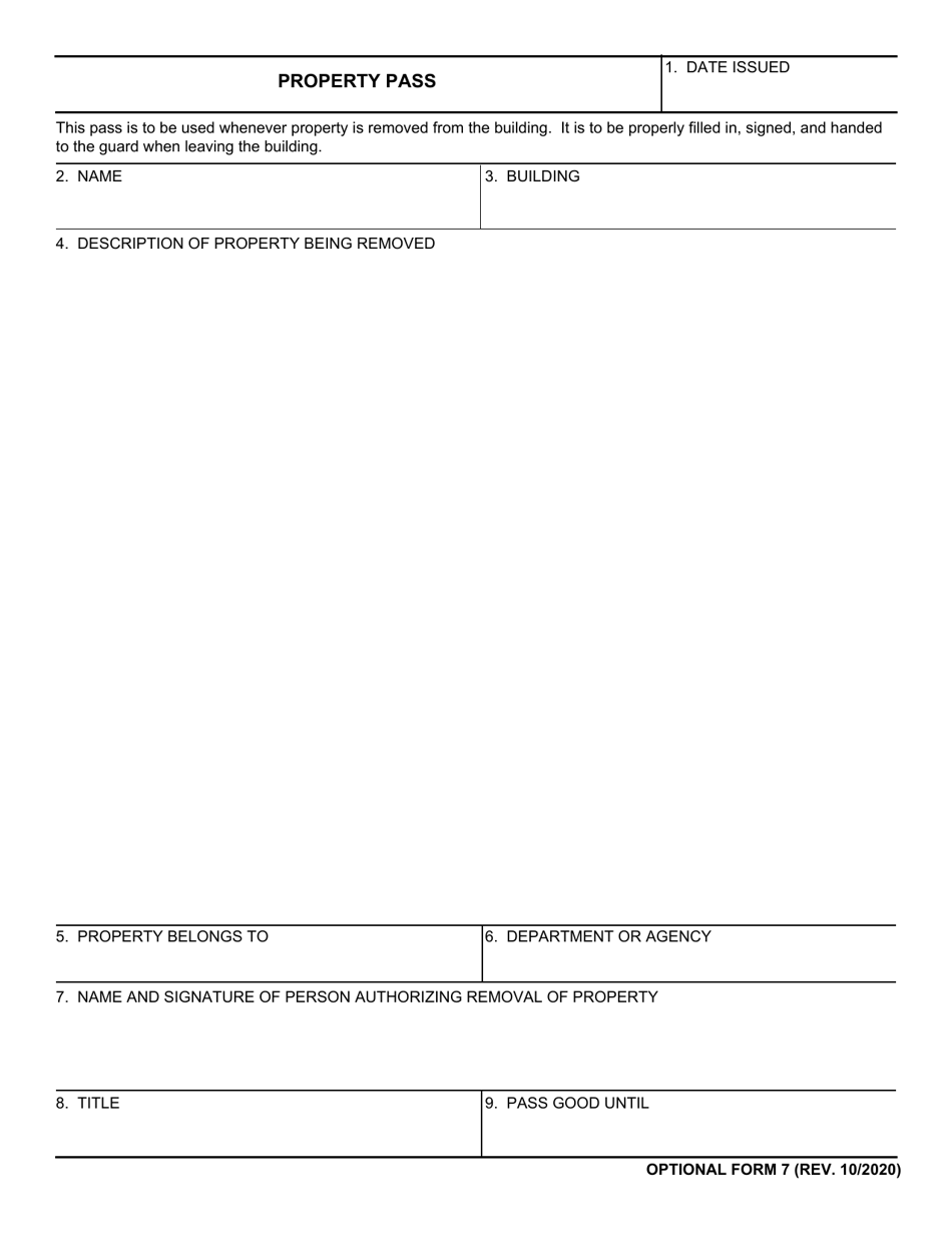 Optional Form 7 Property Pass, Page 1