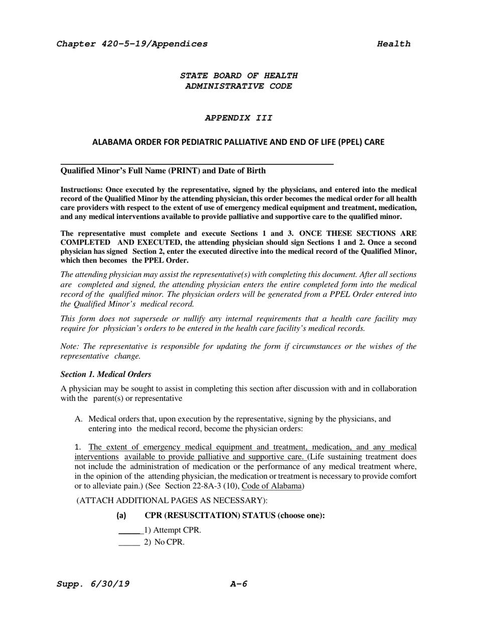 Appendix III Alabama Order for Pediatric Palliative and End of Life (Ppel) Care - Alabama, Page 1