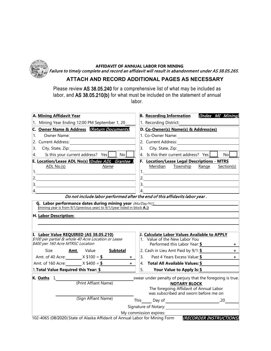 Form 102-4065 Affidavit of Annual Labor for Mining - Alaska, Page 1