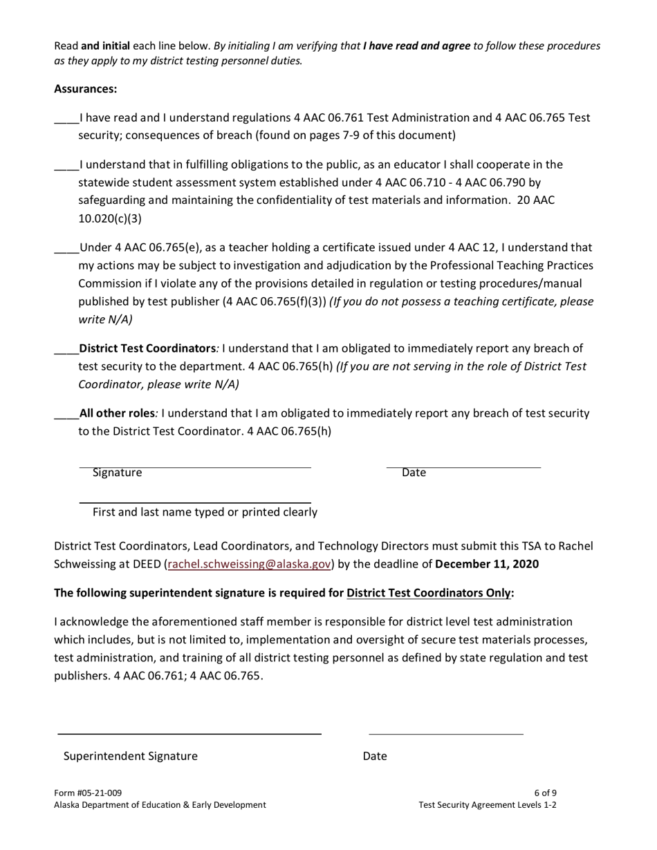 Form 05-21-009 Test Security Agreement Levels 1  2 - Alaska, Page 6