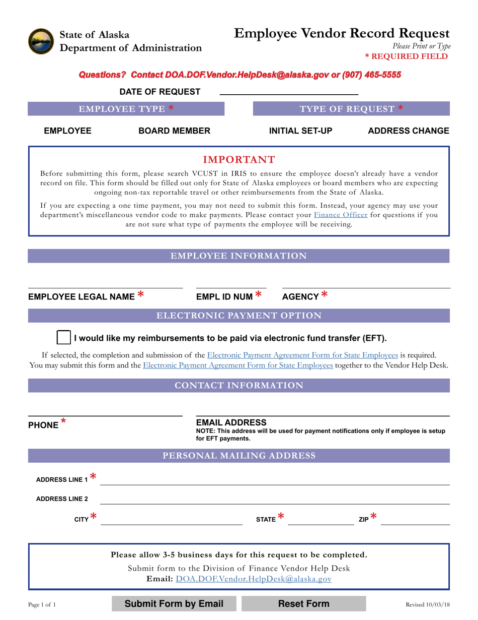 Employee Vendor Record Request - Alaska, Page 1