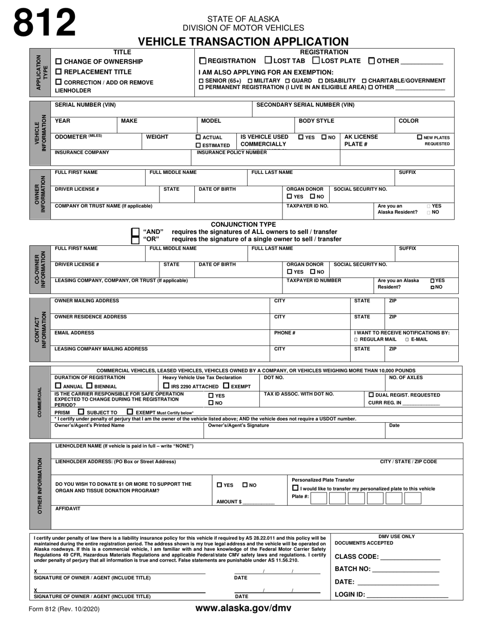 Form 812 Vehicle Transaction Application - Alaska, Page 1