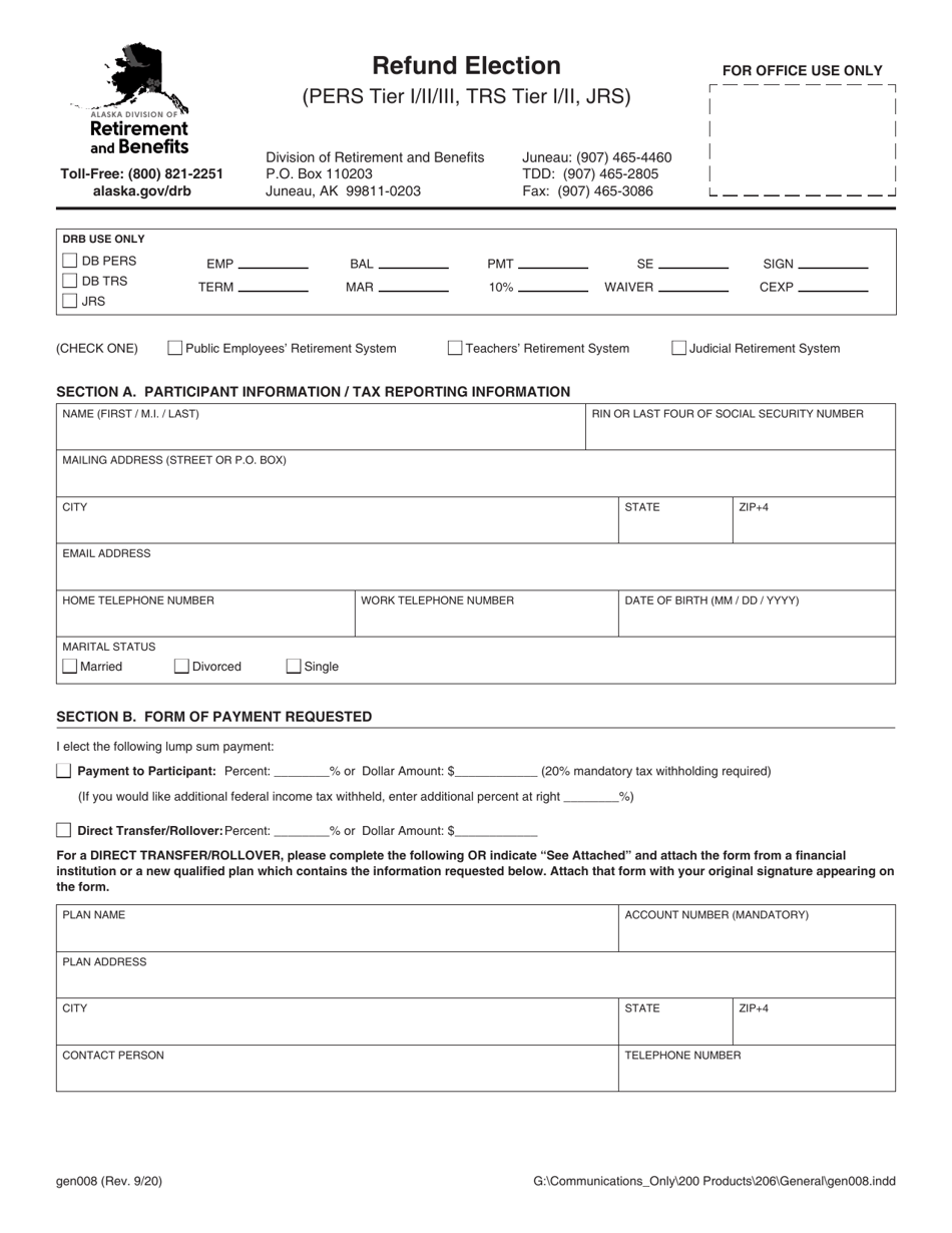 Form GEN008 Refund Election - Alaska, Page 1